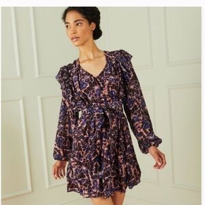 Marie Oliver Lawson dress midnight mandala silk long sleeve ruffles M